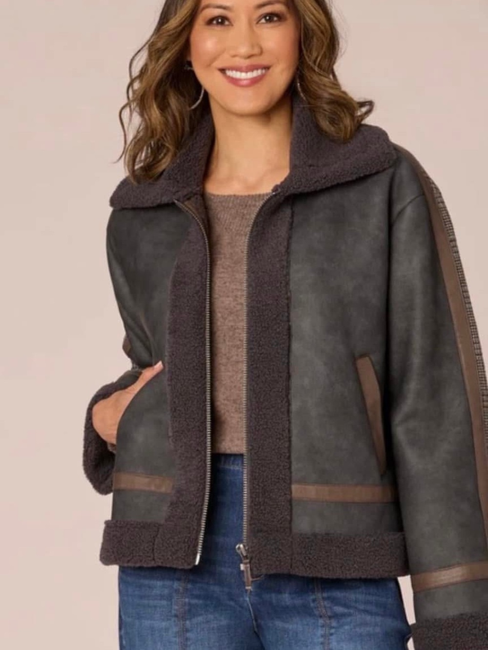 Women's Dark Gray and Plaid Faux-Shearling Zip Jacket
